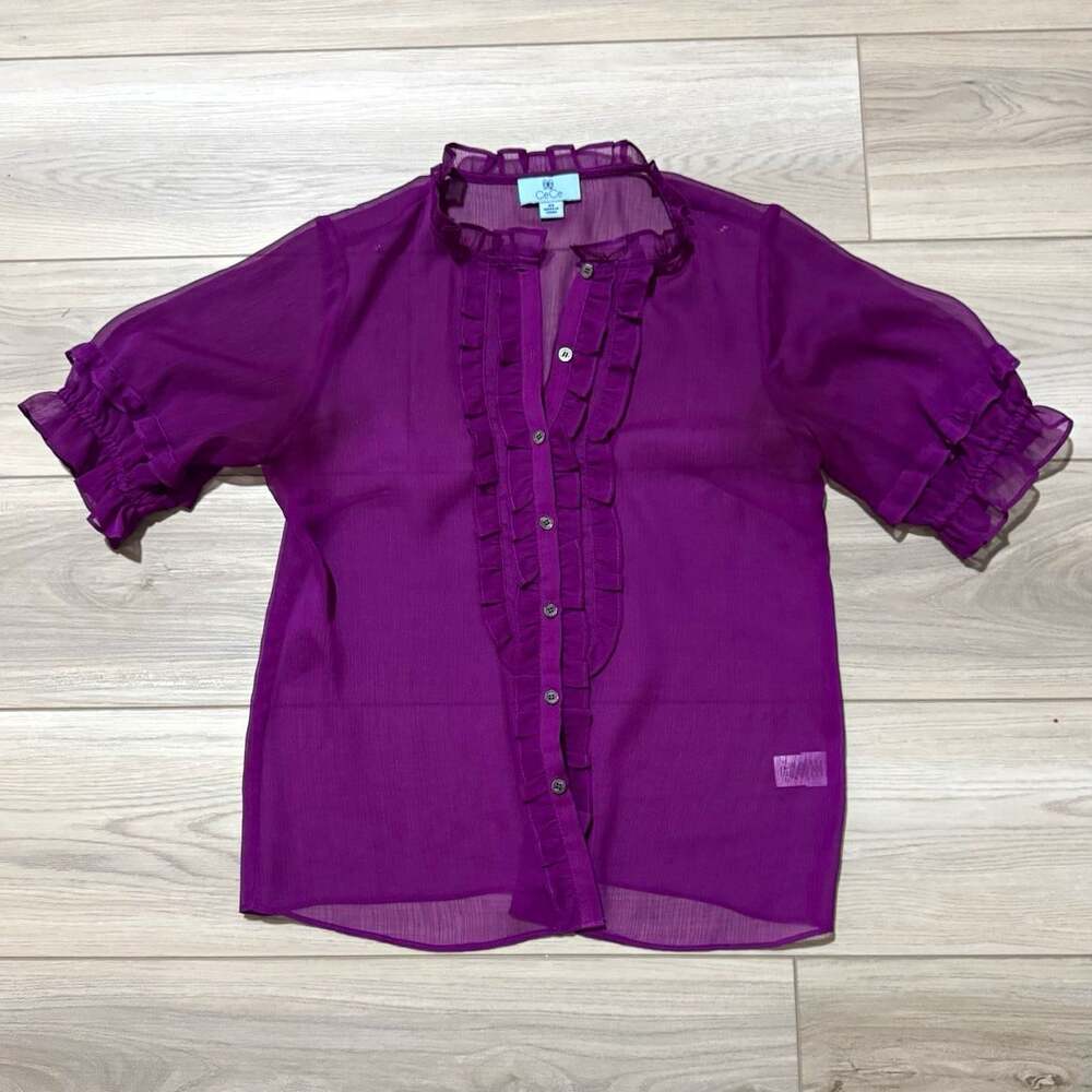 CeCe Sheer Purple Ruffle Button Front Blouse Puff Sleeve Top Women's XS